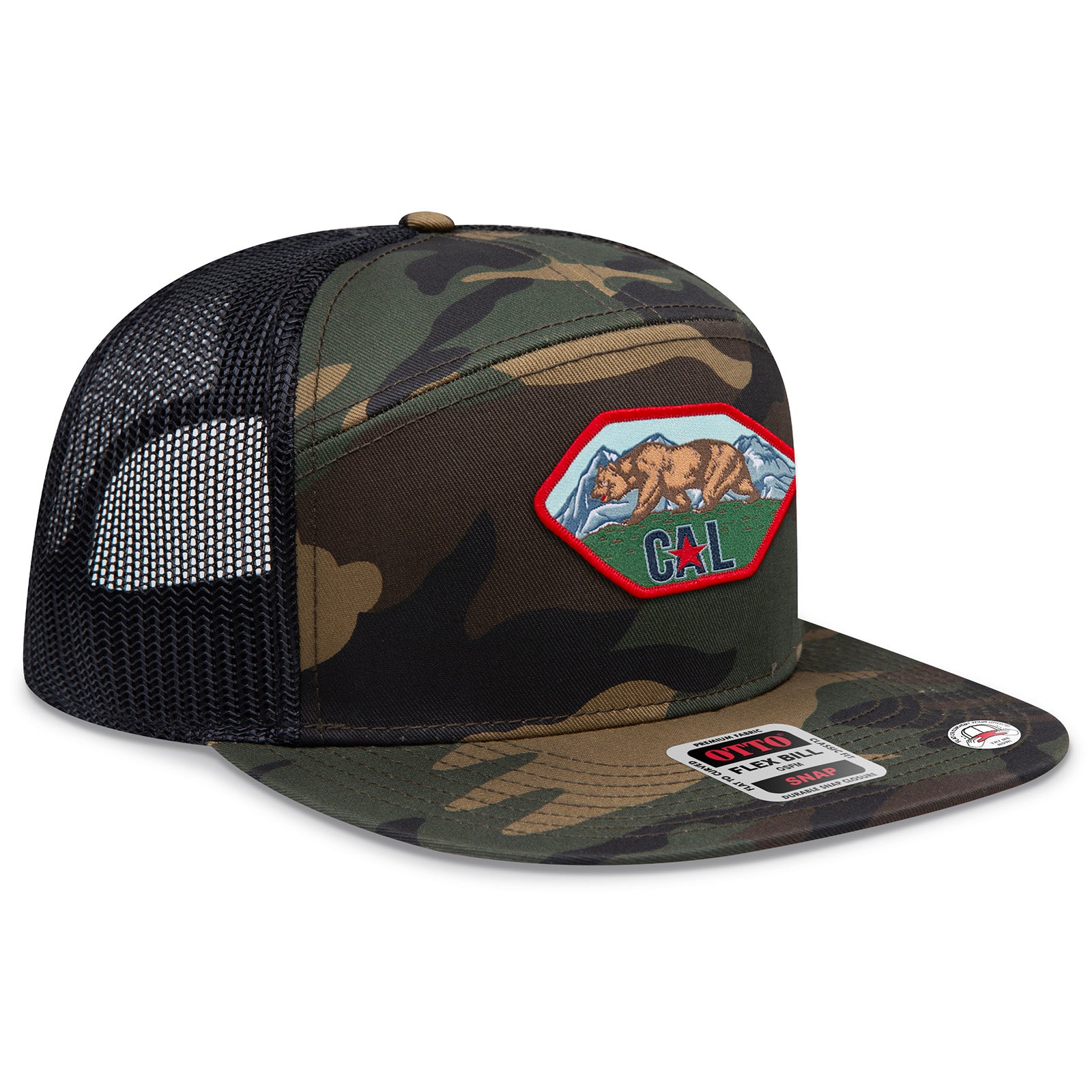 OTTO 172-1298 seven panel trucker, flex bill and snap detail