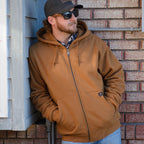 DRI DUCK 7033 Crossfire hoodie in Saddle, worn