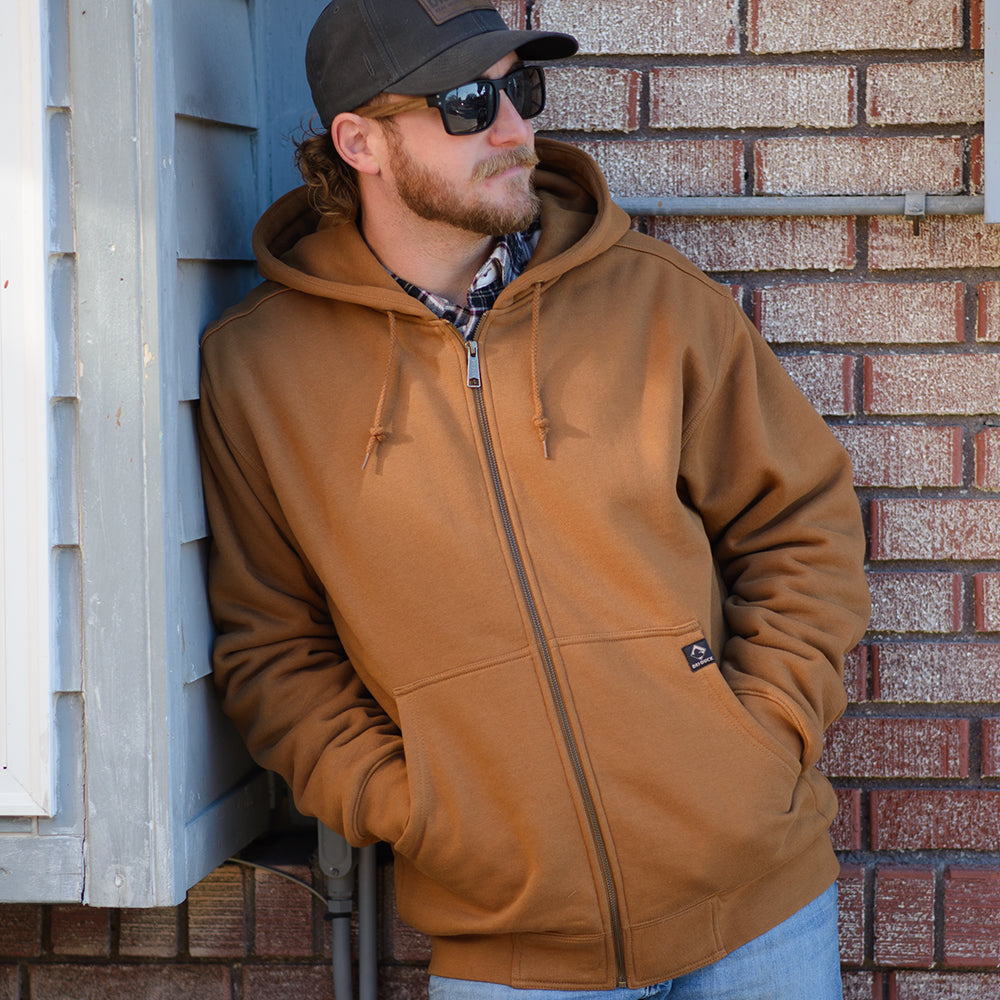 DRI DUCK 7033 Crossfire hoodie in Saddle, worn