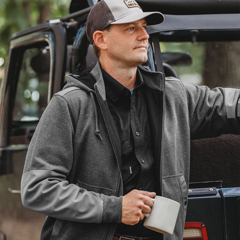 DRI DUCK 7340 Mission Fleece Pro hoodie in Dark Oxford, worn