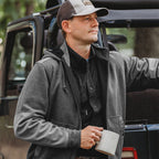 DRI DUCK 7340 Mission Fleece Pro hoodie in Dark Oxford, worn