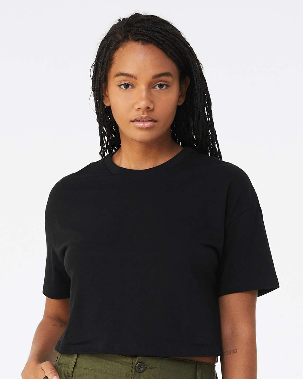 Bella+Canvas 6482 women's jersey crop tee on model, front