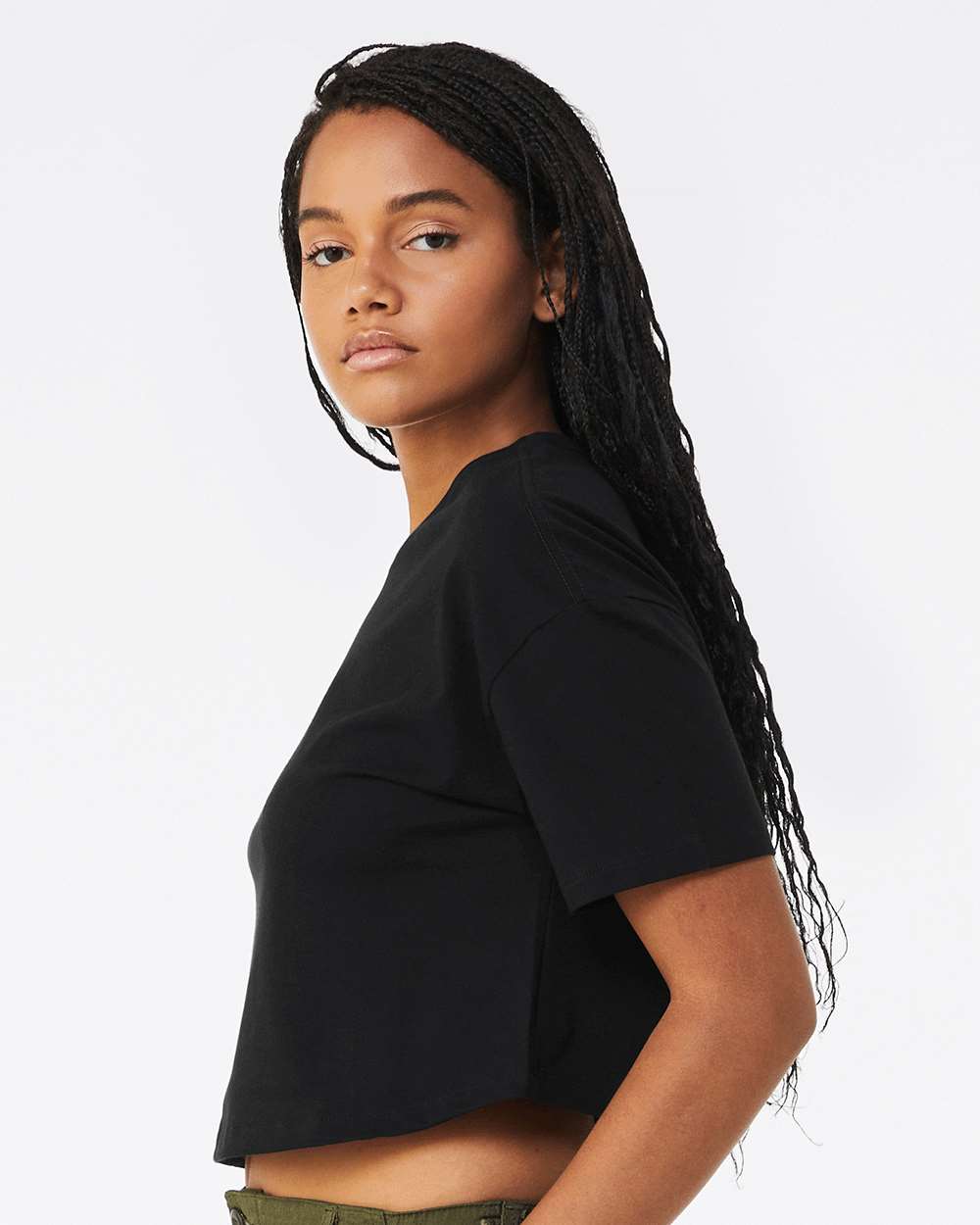 Bella+Canvas 6482 women's jersey crop tee on model, side
