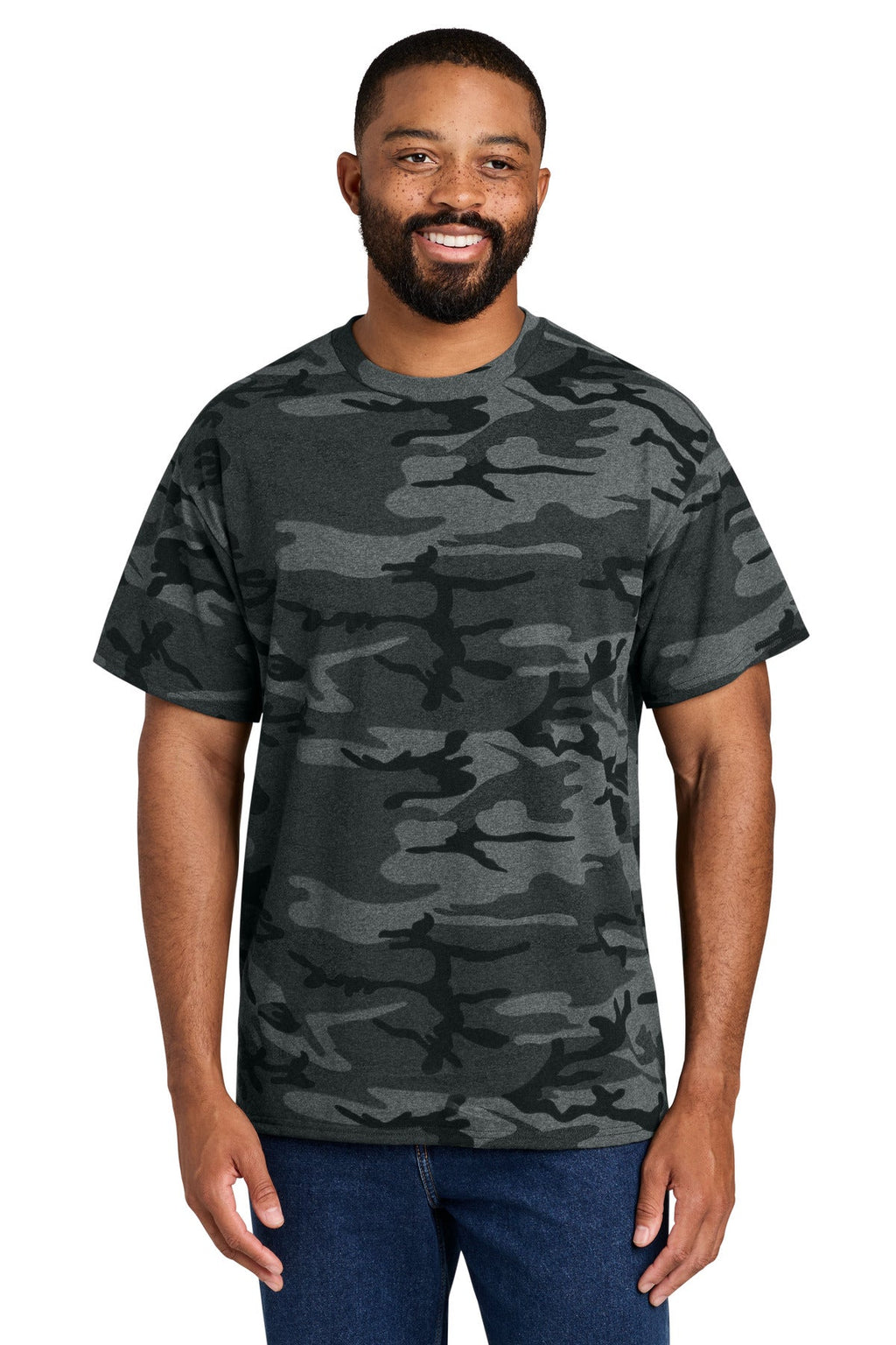 Port & Company PC54C core cotton camo tee in Black Heather Camo