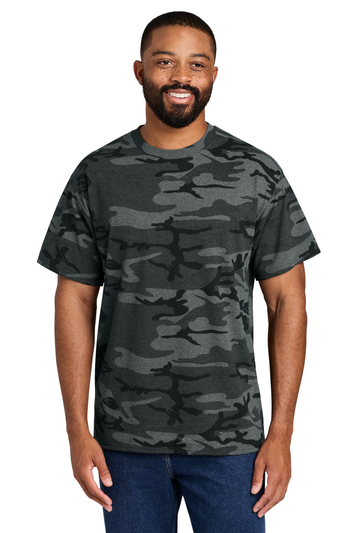Port & Company PC54C core cotton camo tee in Black Heather Camo