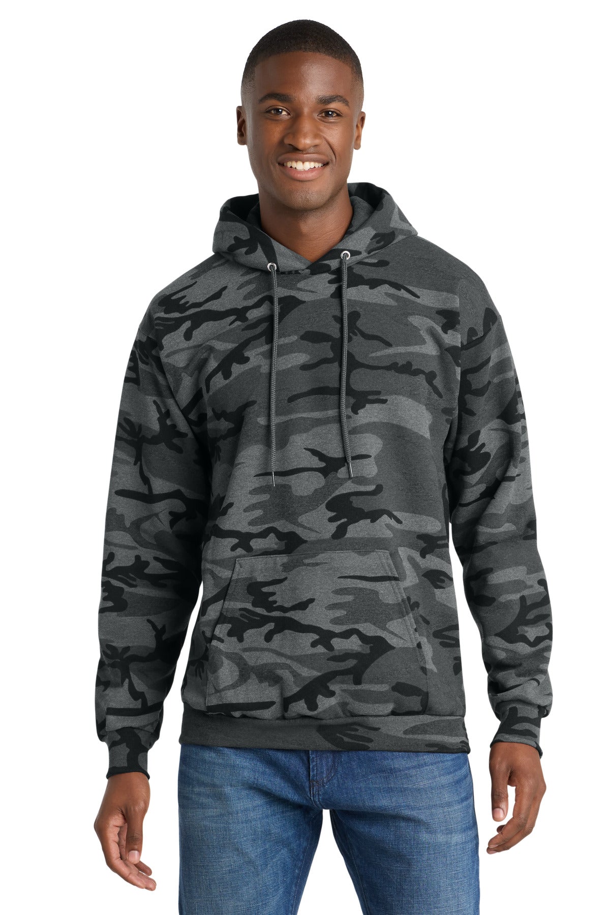 Port & Company PC78HC core fleece camo pullover hoodie in Black Heather Camo